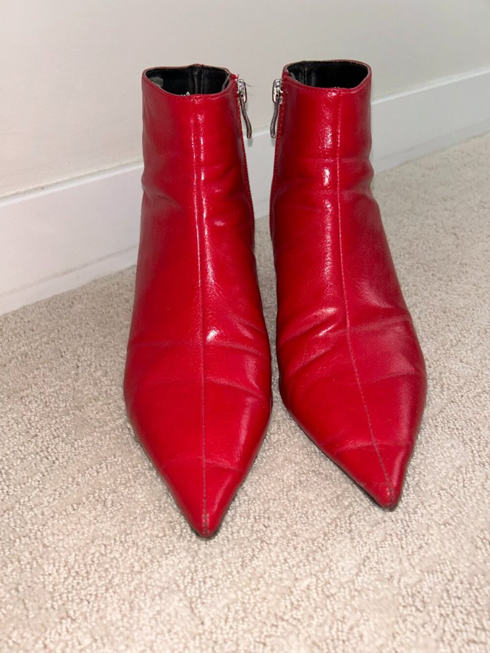 Zara Red Pointed Toe Leather Ankle Boots